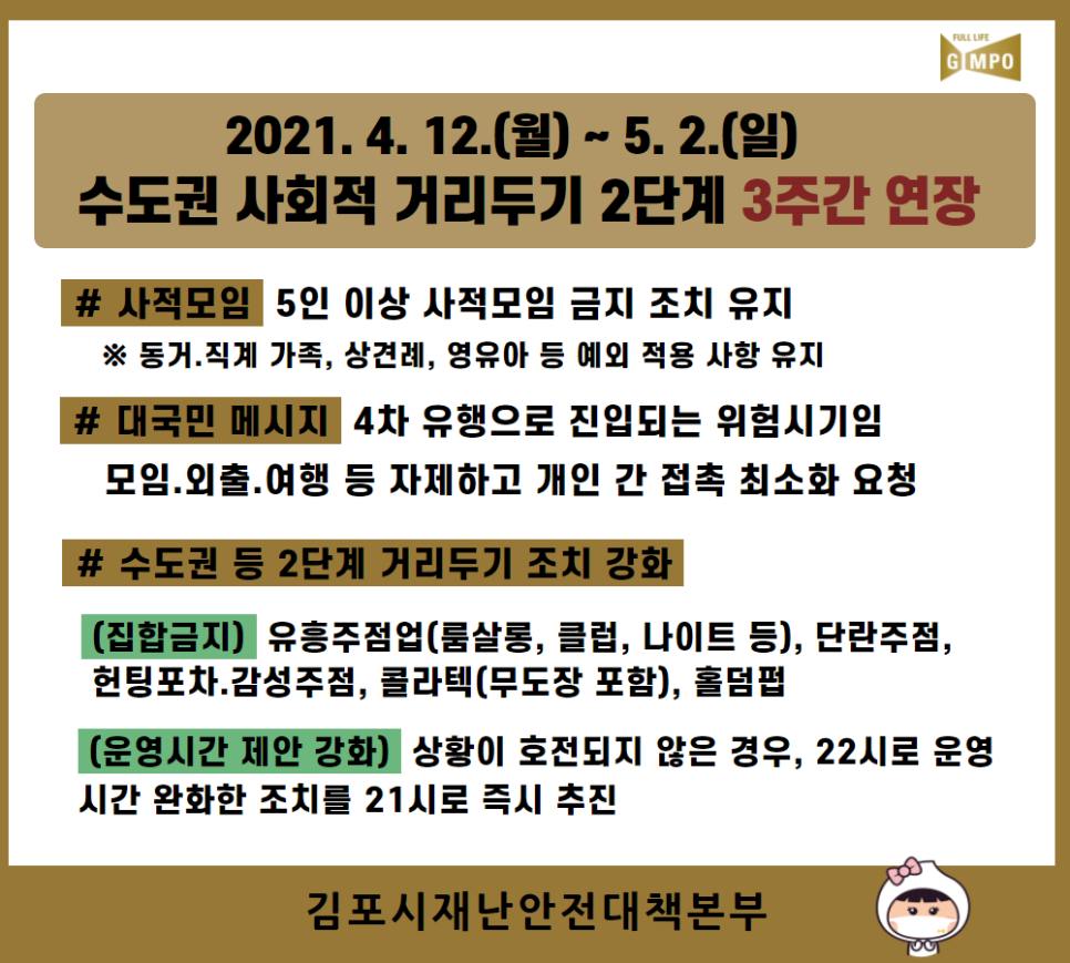 [코로나19] 수도권 사회적 거리두기 2단계 3주간 연장(4.12. ~ 5.2.) 이미지 1
