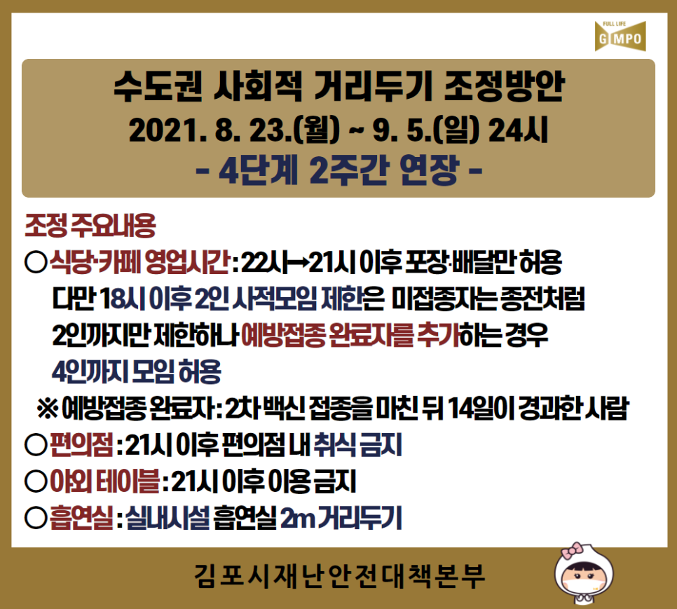 수도권 사회적 거리두기 조정방안 2021. 8. 23.（월） ~ 9. 5.（일） 이미지 1