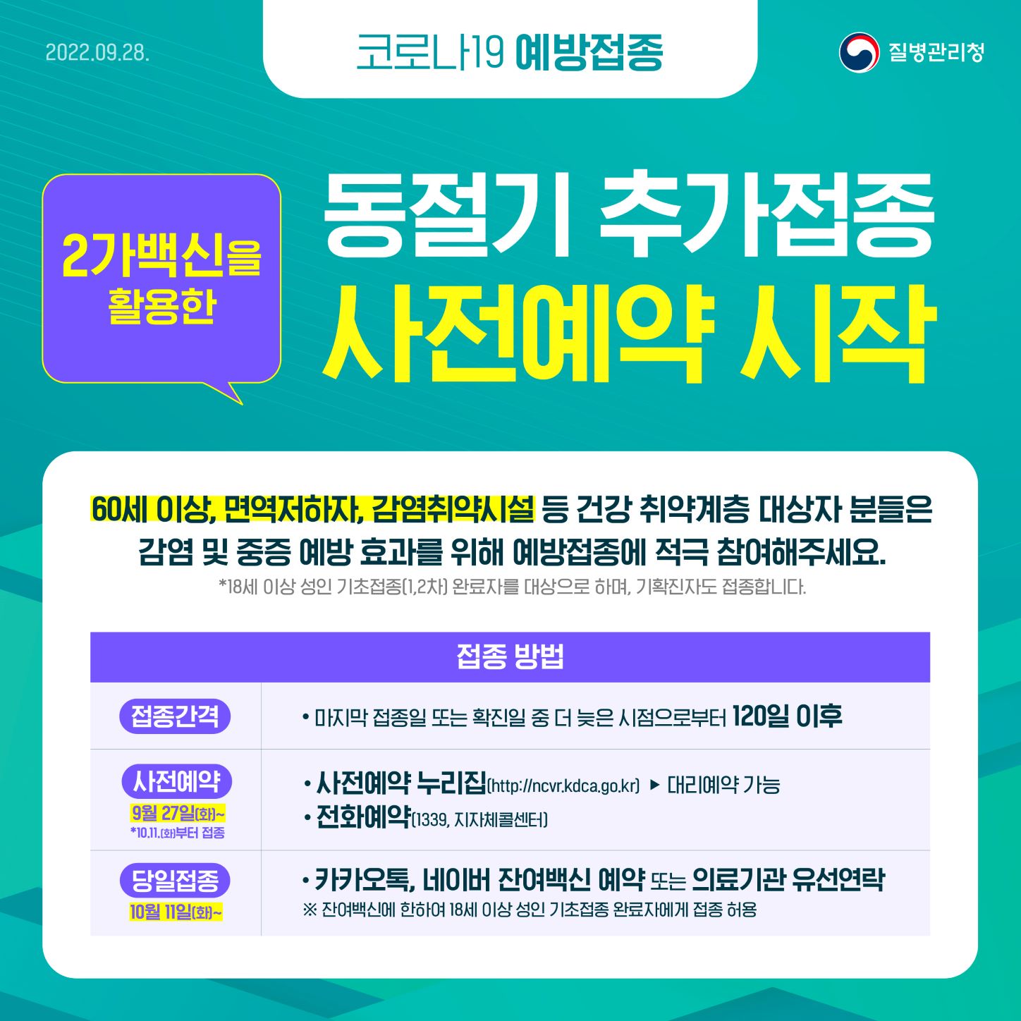 동절기 코로나19 추가접종（2가백신） 시행 안내 이미지 1