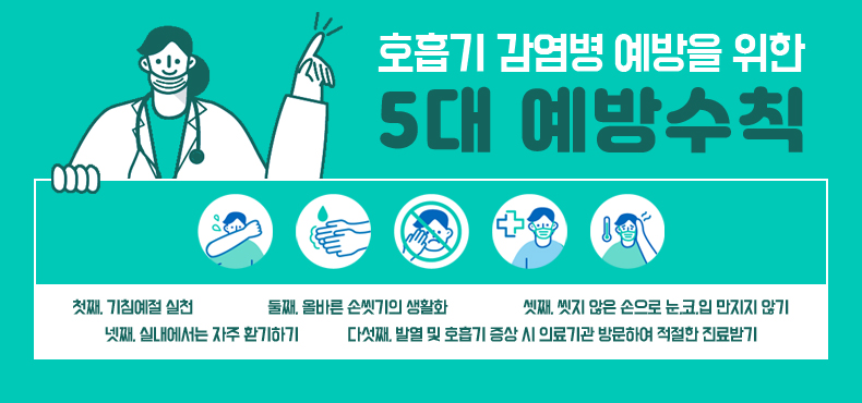 호흡기 감염병 예방을 위한 5대 예방수칙
첫째, 기침예절 실천
둘째, 올바른 손씻기의 생활화
셋째, 씻지 않은 손으로 눈,코,입 만지지 않기
넷째, 실내에서는 자주 환기하기
다섯째, 발열 및 호흡기 증상 시 의료기관 방문하여 적절한 진료받기
