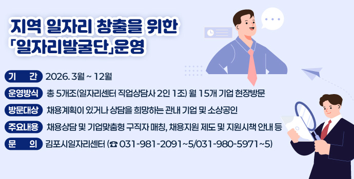 지역 일자리 창출을 위한 「일자리발굴단」운영
- 기 간 : 2026. 3월 ~ 12월
- 운영방식 : 총 5개조(일자리센터 직업상담사 2인 1조) 월 15개 기업 현장방문
- 방문대상 : 채용계획이 있거나 상담을 희망하는 관내 기업 및 소상공인
- 주요내용 : 채용상담 및 기업맞춤형 구직자 매칭, 채용지원 제도 및 지원시책 안내 등
- 문 의 : 김포시일자리센터 (☎ 031-981-2091~5/031-980-5971~5)