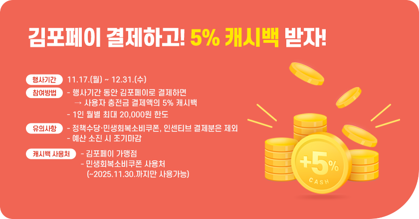 김포페이 결제하고! 5% 캐시백 받자!
1. (행사기간)11.17.(월) ~ 12.31.(수)
2. (참여방법)
- 행사기간 동안 김포페이로 결제하면  사용자 충전금 결제액의 5% 캐시백
- 1인 최대 20,000원 한도
3. (유의사항)
- 정책수당·민생회복소비쿠폰, 인센티브 결제분은 제외
- 예산 소진 시 조기마감
4. (캐시백 사용처)
- 김포페이 가맹점
- 민생회복소비쿠폰 사용처(~2025.11.30.까지만 사용가능)