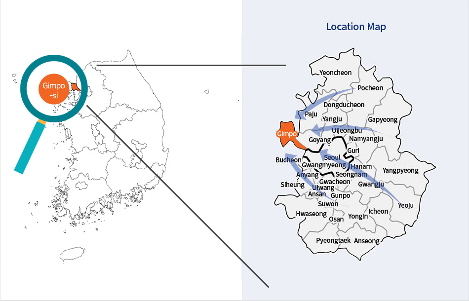 Population : 513,691 (as of August 2023 [including foreigners]) / Size : 276.606 km2 / Location : -Located at the mouth of Hangang River, to the northwest of Gyeonggi-do Province, -5 minutes from Gimpo International Airport, 30 minutes from Incheon International Airport, - Only 20 minutes to Yeouido, Seoul when traveling by roads around Hangang River / Topography : -A city and local tourism complex connecting the southern and northern regions of the Korean Peninsula as well as the inland and ocean, -A city wholly surrounded by rivers and canals, -Gimpo Plains, long renowned as a breadbasket of Korea, -To the north, across Hangang River, is a view of North Korea’s Gaepung-gun
