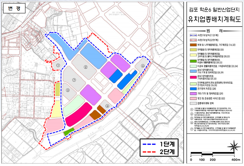 김포 학운 6 일반산업단지 업종배치계획도입니다. (범례: 목재 및 나무제품제조업-16, 가구제조업-32, 화학물질 및 화학제품제조업-20, 고무제품 및 플라스틱제조업-22, 비금속 광물제품제조업-23, 1차금속제조업-24 전기장비 제조업-28 등), 자세한 사항은 웹페이지 하단 담당부서에 문의바랍니다. 