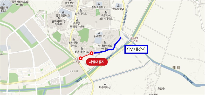 김포 도시계획도로 개설공사 사업 지역을 나타낸 위치도입니다.